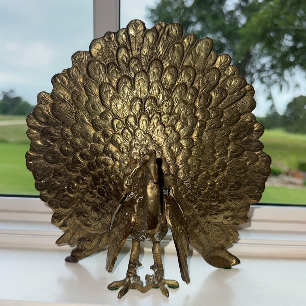 Vintage Hollywood Regency Solid Brass Peacock Statue